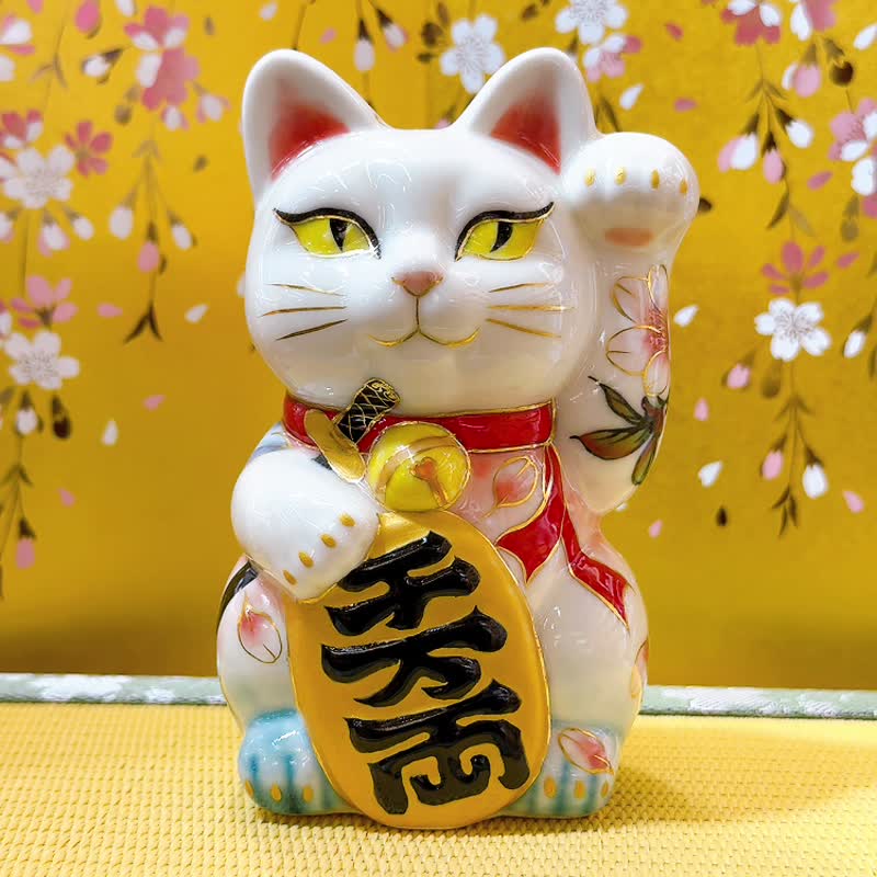 【忍福潛影】日本清水燒招財貓 | 色繪 - 貓之櫻 - 擺飾/家飾品 - 瓷 白色