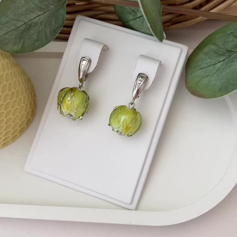 Yellow Floral Dangle Drop Earrings / Yellow Flower Drop Bead Bridal Earrings - 耳環/耳夾/耳骨夾 - 純銀 黃色