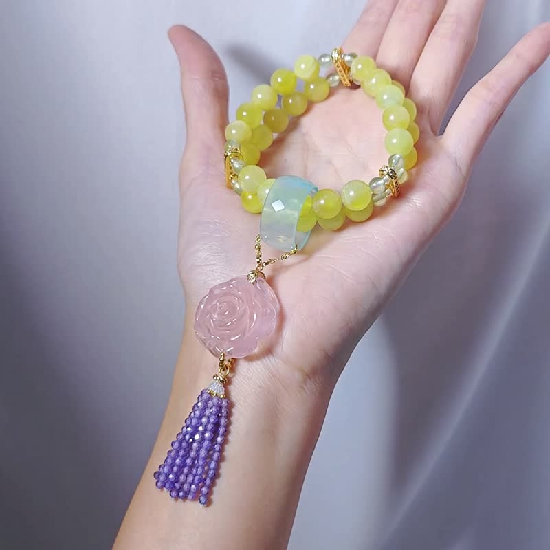 Top-quality golden grape blue jade ring pink quartz rose amethyst multi-treasure rainbow 2-row bracelet single product - Bracelets - Gemstone Multicolor