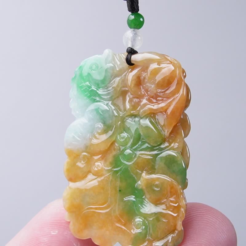 三彩翡翠巧雕荷包有魚項鍊 | 天然緬甸玉A貨翡翠 | 送禮 - 項鍊 - 玉石 多色