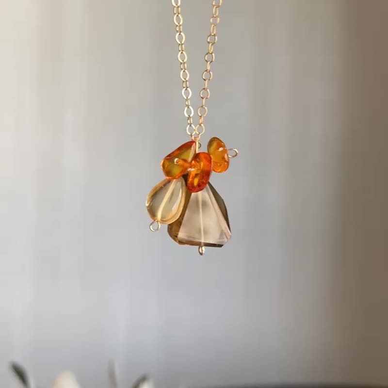 Autumn 14KGF Olive Quartz Citrine Amber necklace / one-of-a-kind - สร้อยคอ - เครื่องเพชรพลอย สีส้ม