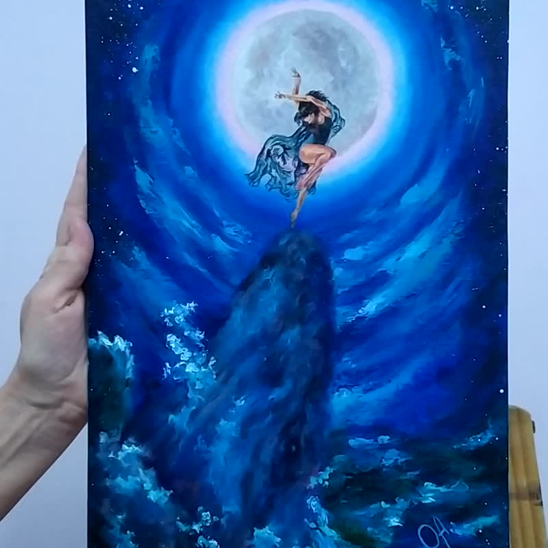 油畫。舞蹈的魔力。舞女。月亮和星空。海洋。 - 海報/掛畫/掛布 - 紙 藍色