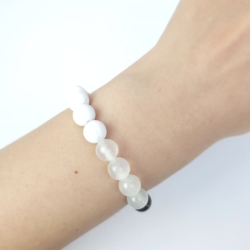 White cat's eye (white turquoise/ceramic beads/white cat's eye/black gold obsidian) (15cm) - Bracelets - Stone White