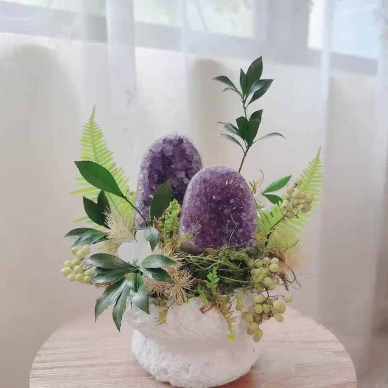 靈峰並立 登峰造極 紫水晶植景。永生葉材綠 - 盆栽/植栽 - 水晶 紫色