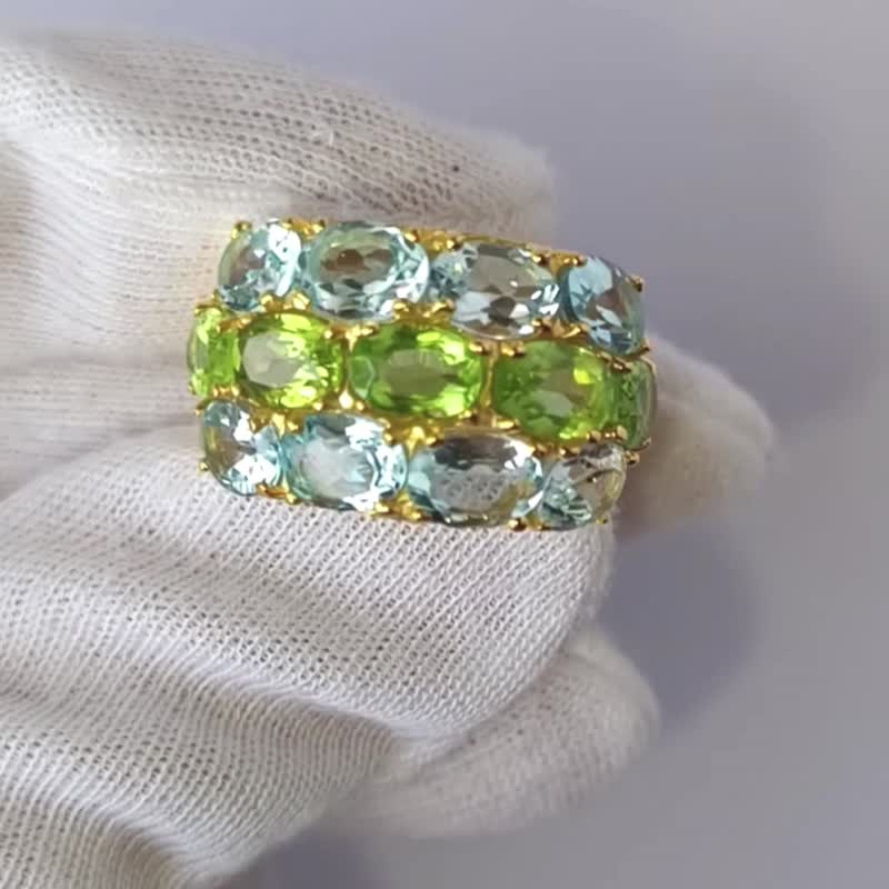Natural Peridot and Topaz Ring Sterling Silver 925 with Gold plated . - 戒指 - 純銀 綠色