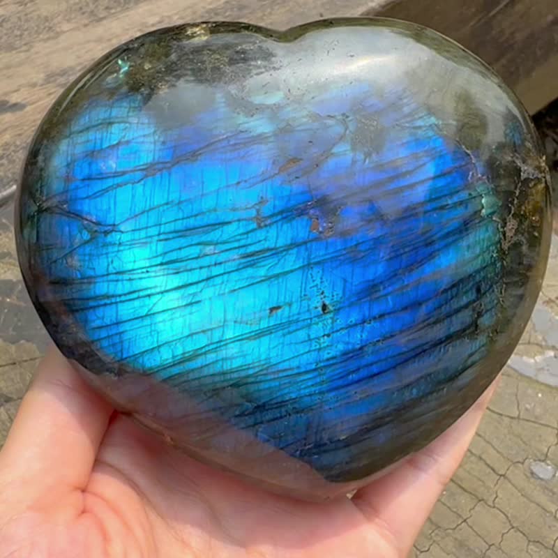 稀有 爆藍光 高光感 拉長石 雙面立體愛心 灰月光石 彩虹光 擺件 - 擺飾/家飾品 - 半寶石 多色