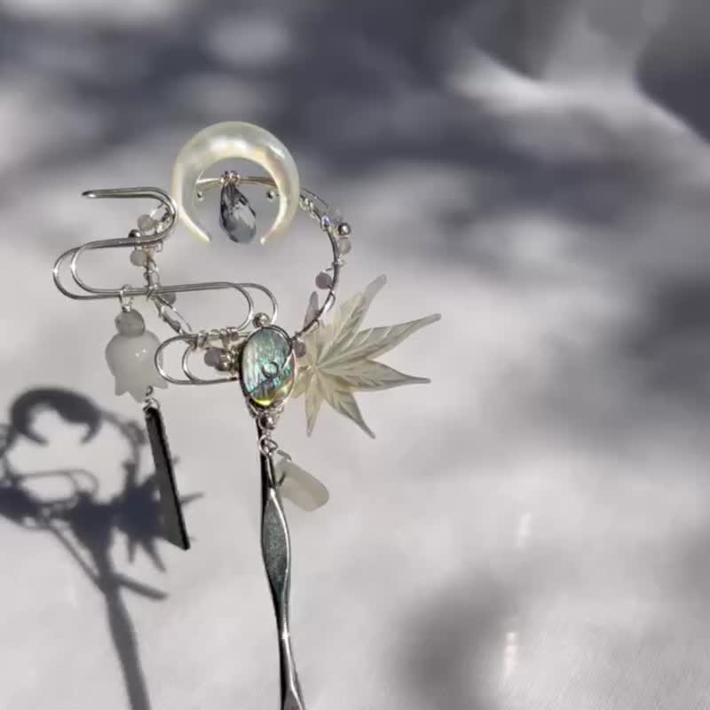 Shell Artificial Crystal Metal Weaving_Hairpin_Desolate Moon_Forest Jewelry_Natural Bronze Plating S925 - Hair Accessories - Shell 