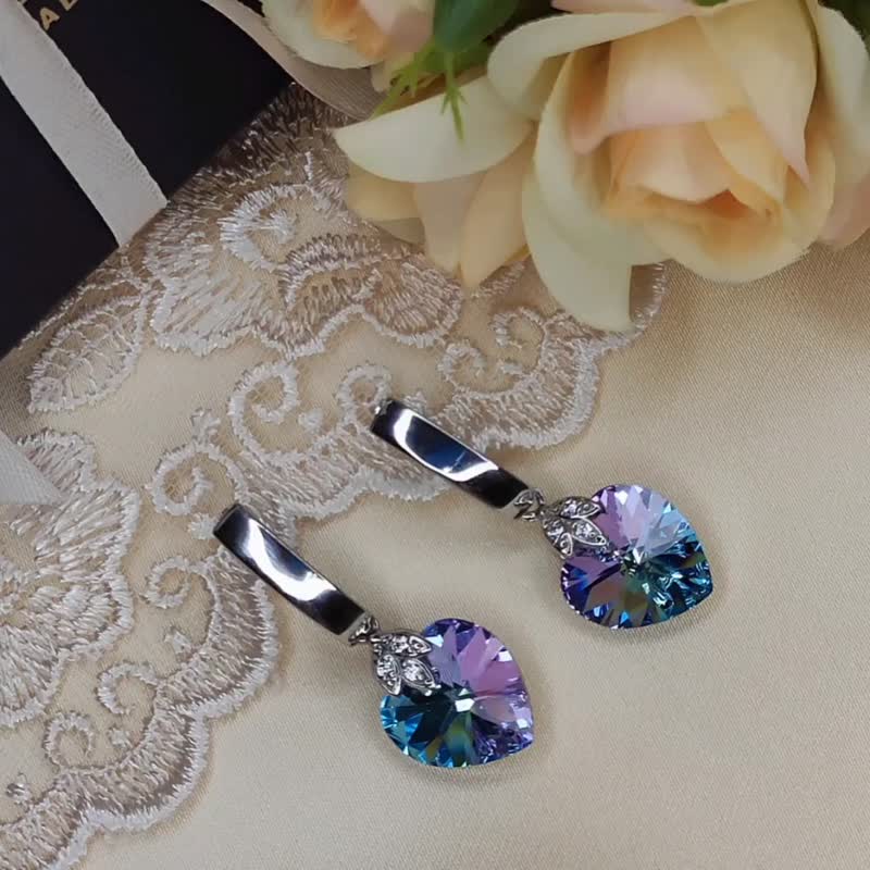 Purple Heart Swarovski Crystal Earrings, Peacock elegant Crystal earrings - Earrings & Clip-ons - Crystal Purple