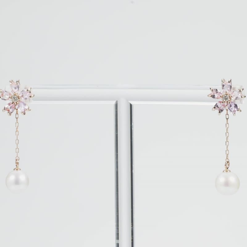 K10 pink gold pink sapphire/diamond/akoya pearl earrings - ต่างหู - เครื่องเพชรพลอย สึชมพู