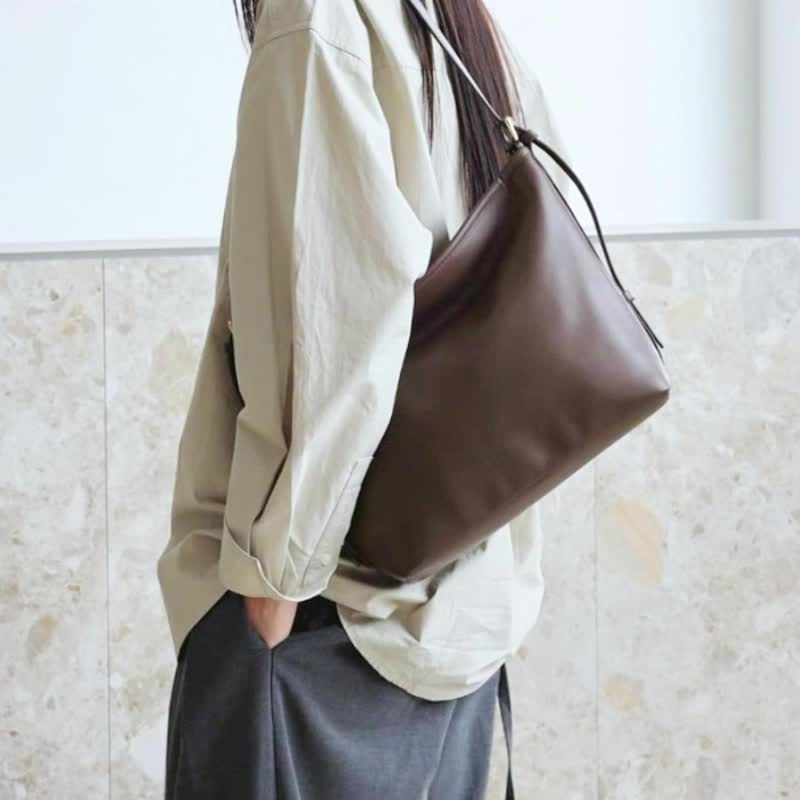 sobag簡約高級真皮大容量單肩斜挎托特包休閒百搭通勤牛皮hobo包 - 側背包/斜背包 - 真皮 咖啡色