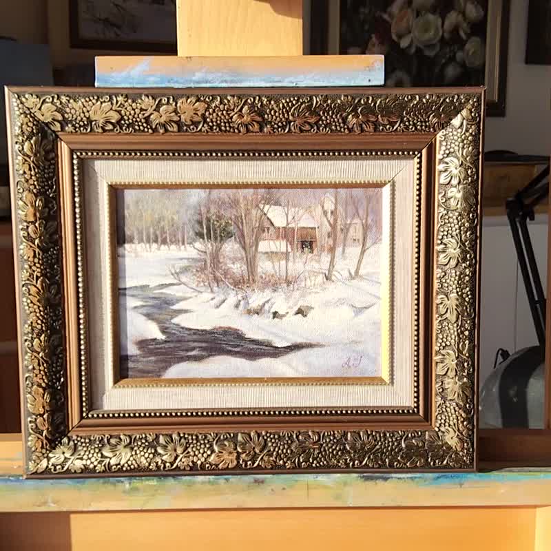 Grand Teton Snowy Cabin Original Oil Painting - 插畫/繪畫/寫字 - 亞麻 