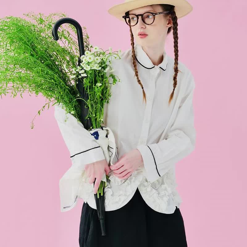 藍色純棉蕾絲花邊日系襯衫 / 春季 - 女襯衫 - 棉．麻 藍色