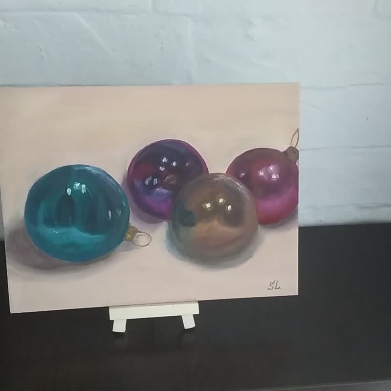 Glass Balls Oil Painting Original Art Winter Holiday Christmas Tree Toys Handmad - Posters - Other Materials Multicolor