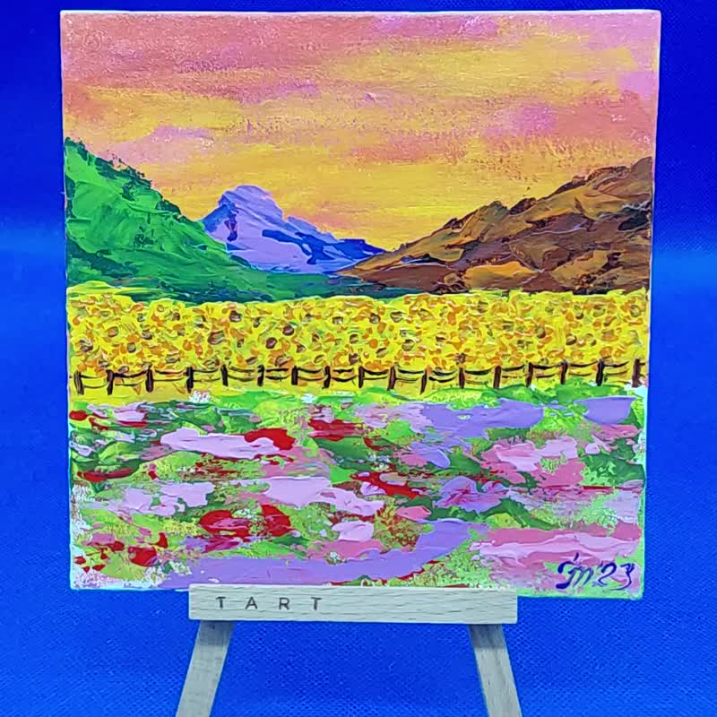 Sunflowers Lavender Summer Landscape Original Modern Mini Painting Wall Art - Wall Décor - Other Materials Multicolor