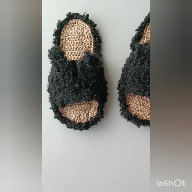 Black Bunny slippers new hemp handmade shoes non-slip sole - Indoor Slippers - Cotton & Hemp Black