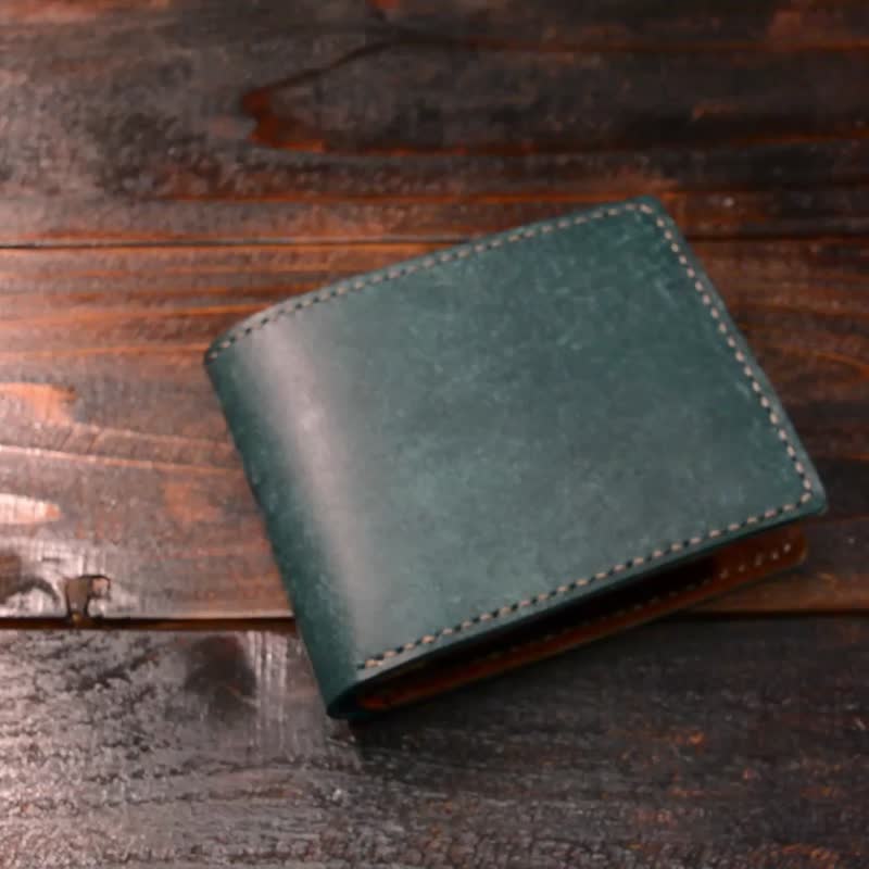 イタリアンレザー　マヤ　手縫い二つ折り財布　ターコイズ - 長短皮夾/錢包 - 真皮 藍色