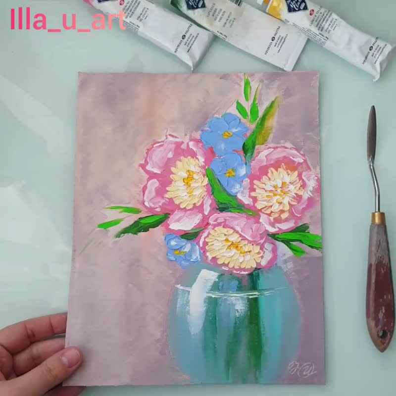 Peony Painting Bouquet Original Art Floral Wall Art Flower Artwork Oil Painting - 海報/掛畫 - 其他材質 粉紅色