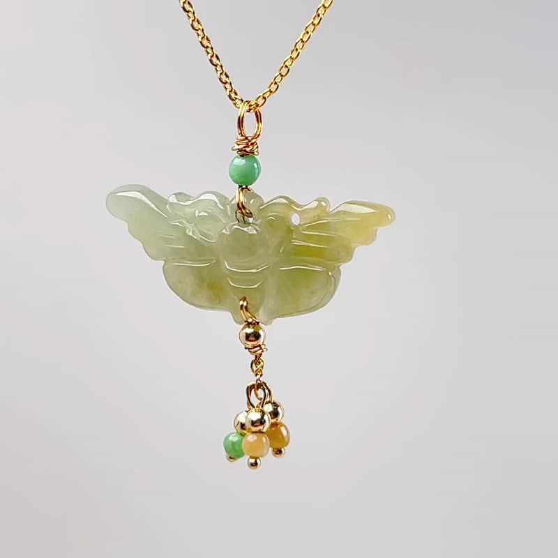 Ice yellow jadeite butterfly necklace 14K gold filled | Natural Burmese jadeite A goods | Gift giving - สร้อยคอ - หยก หลากหลายสี