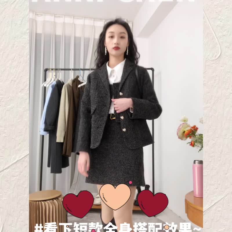 限量販售 小香風 西裝馬甲半身裙套裝2023春裝新款 簡約通勤 - 女西裝外套 - 其他人造纖維 黑色