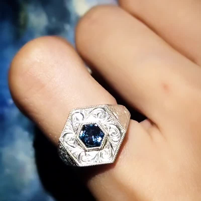 Engraving Arabesque Milgrain Hexagon London Blue Topaz Silver Signet Ring - General Rings - Sterling Silver Blue