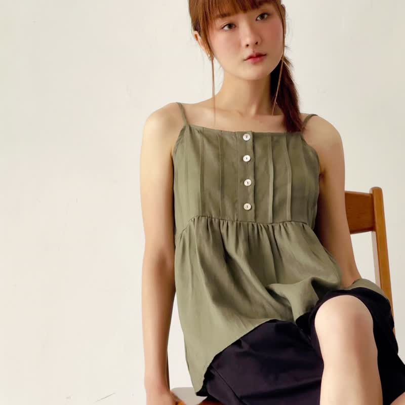 Linen Spaghetti Strap Top - Olive Green - 女上衣/長袖上衣 - 棉．麻 綠色