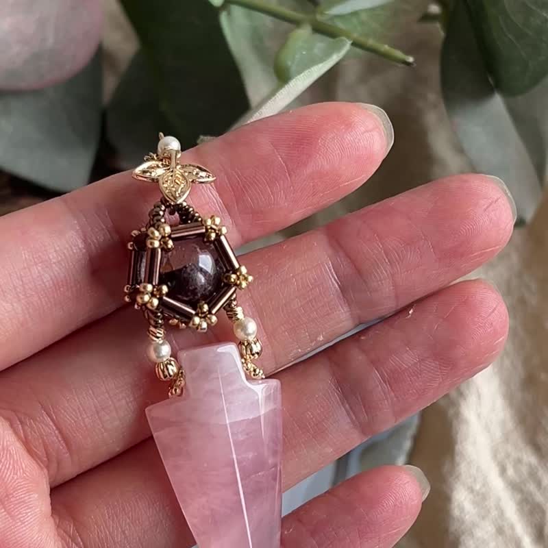 幽靈水晶球 粉晶 玻璃米珠x天然石 串珠吊墜 配寶石鏈 - 項鍊 - 水晶 粉紅色