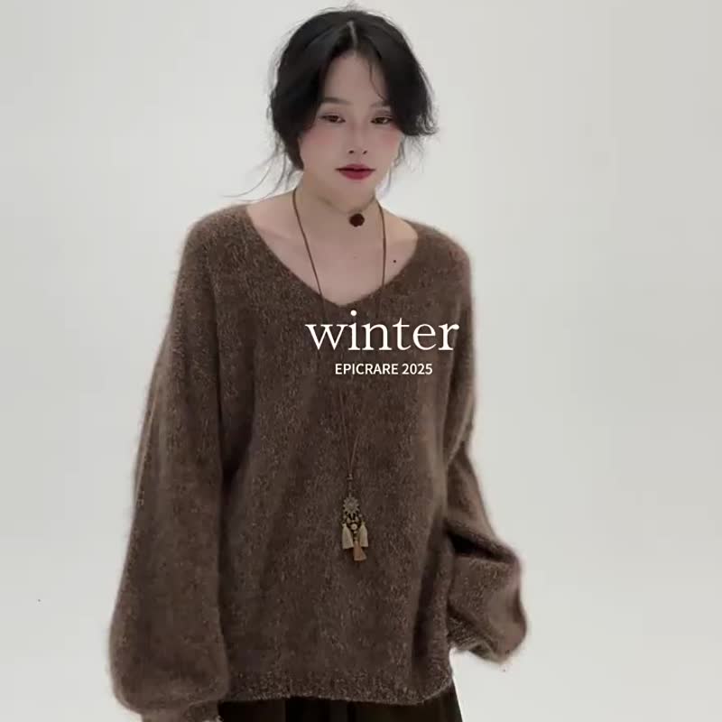 3顔色 冬日來信 100%綿羊毛雜色V領毛衣 慵懶風寬鬆廓形韓風毛衫 - 女毛衣/針織衫 - 羊毛 灰色