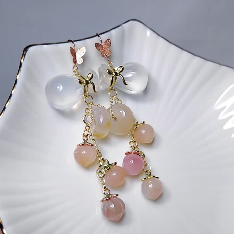 Agate lucky bag, ancient money, peach, wealth, good fortune, success, health, large Gemstone earrings - Earrings & Clip-ons - Gemstone Orange
