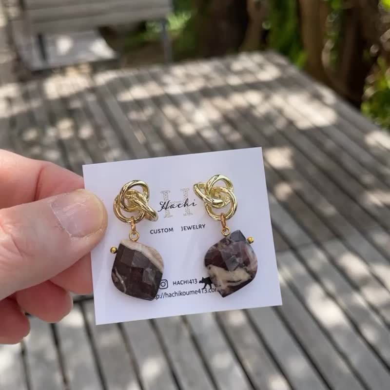 巧克力碧玉耳環 - 耳環/耳夾/耳骨夾 - 半寶石 咖啡色