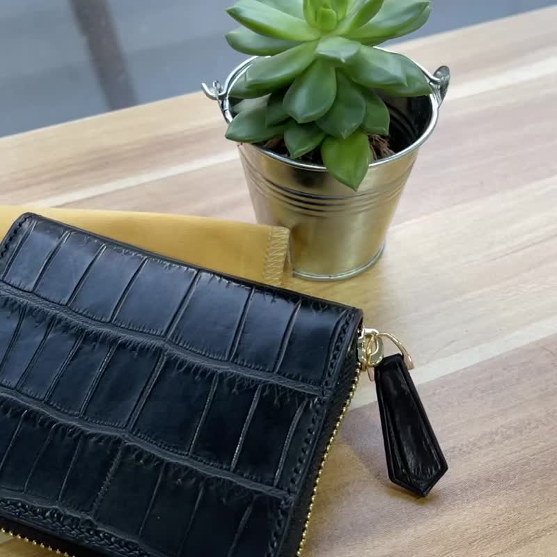 Handmade black matte crocodile leather zipper loose paper Silver - Wallets - Genuine Leather Black