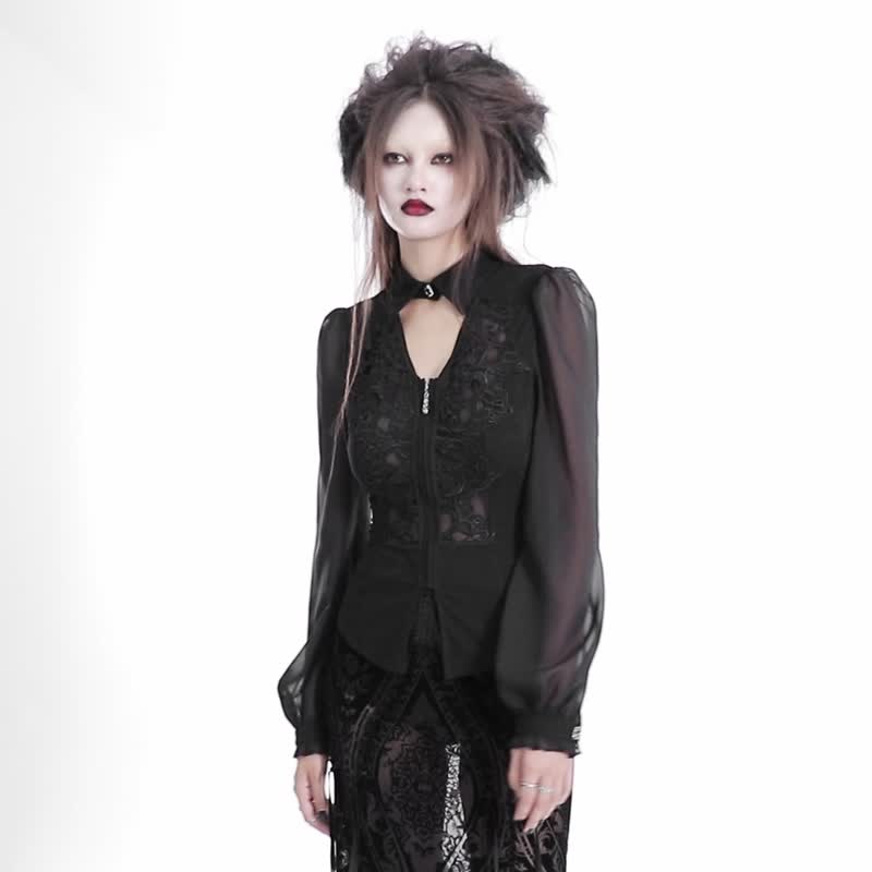 Gothic court fortune teller dark pattern chiffon shirt/will be out of print soon - เสื้อเชิ้ตผู้หญิง - วัสดุอื่นๆ สีดำ