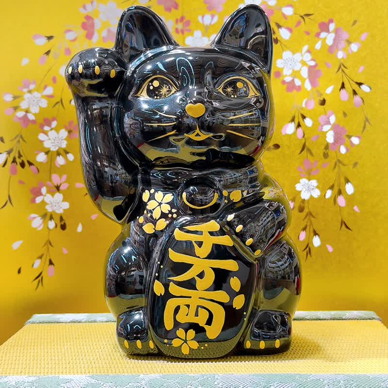 【櫻耀雅福】日本清水燒招財貓 | 色繪 黑地金櫻 特大 - 擺飾/家飾品 - 瓷 黑色