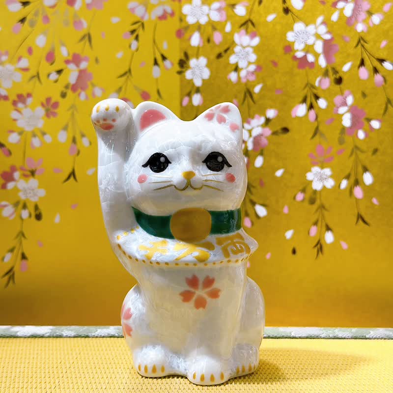 【皓櫻聚福】日本清水燒招財貓 | 花結晶 白 -  千万両 - 擺飾/家飾品 - 瓷 白色