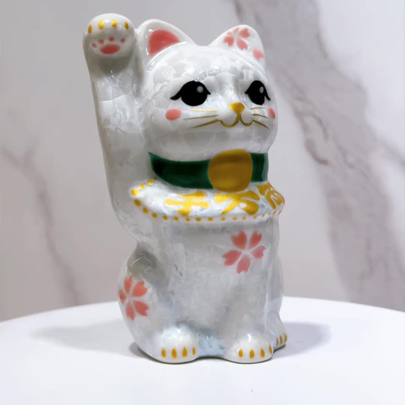 清水焼招き猫 | 花水晶白 - 1000万両 - 置物 - 磁器 ホワイト