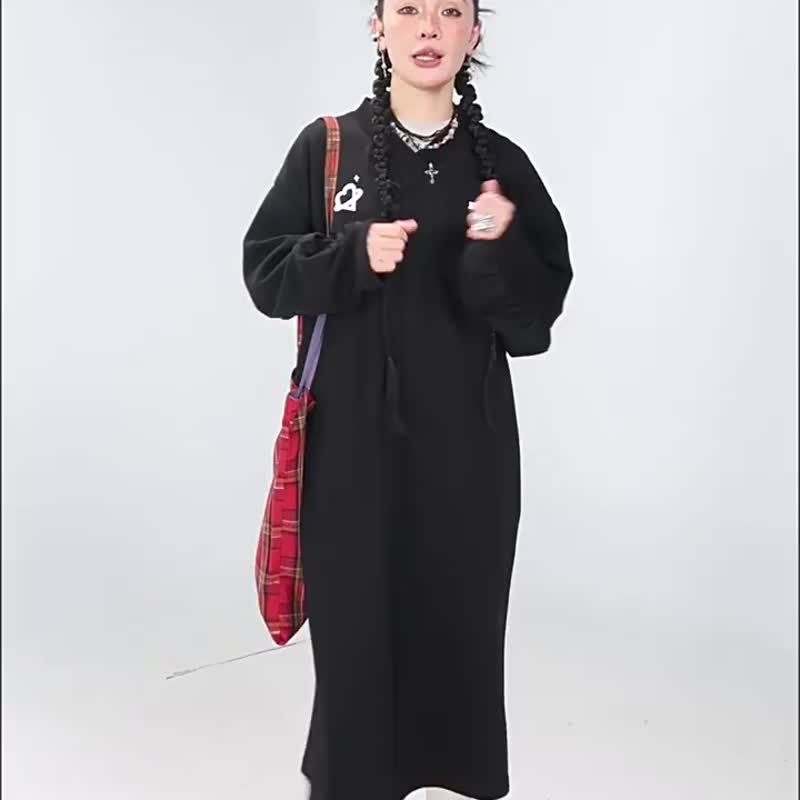 褶皺拼接T恤裙女休閒顯瘦長袖連衣裙洋裝 - 洋裝/連身裙 - 棉．麻 