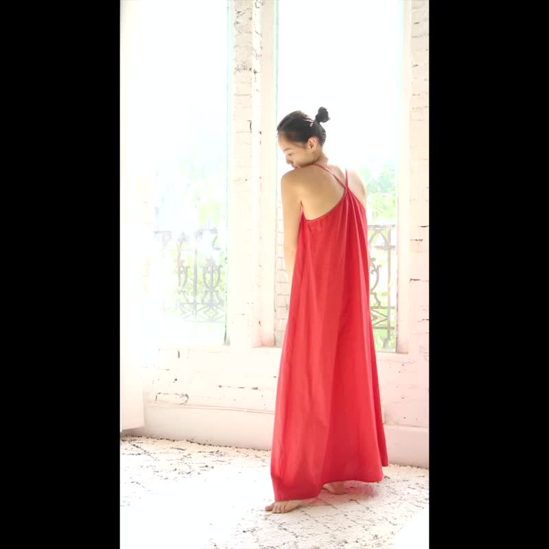 Y背細肩帶長洋裝 / 慕斯布 湖水藍 - 洋裝/連身裙 - 棉．麻 藍色