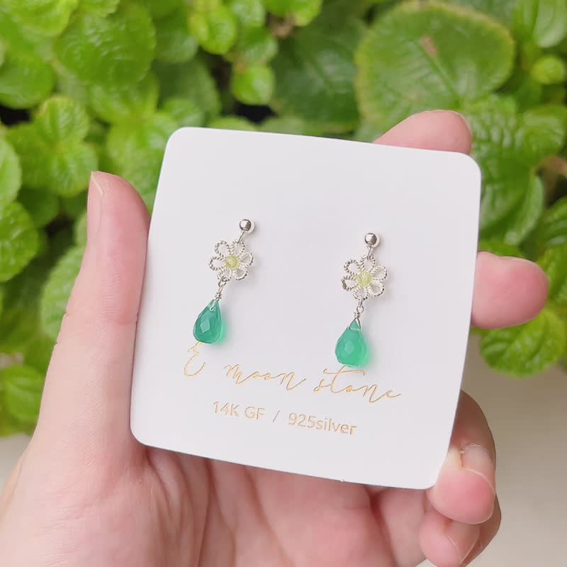 純銀小花綠水滴耳環能量寶石 - 耳環/耳夾 - 水晶 綠色