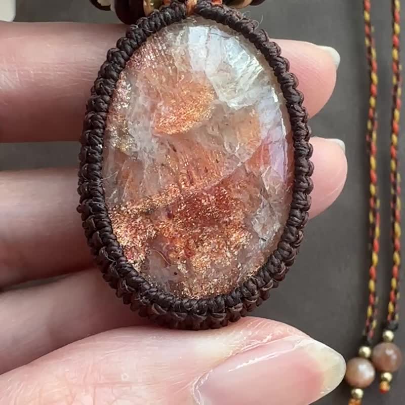 N1125 民族風 蠟線編織 太陽石 銅珠 頸鏈 (可調長度)民族風 - 項鍊 - 寶石 咖啡色