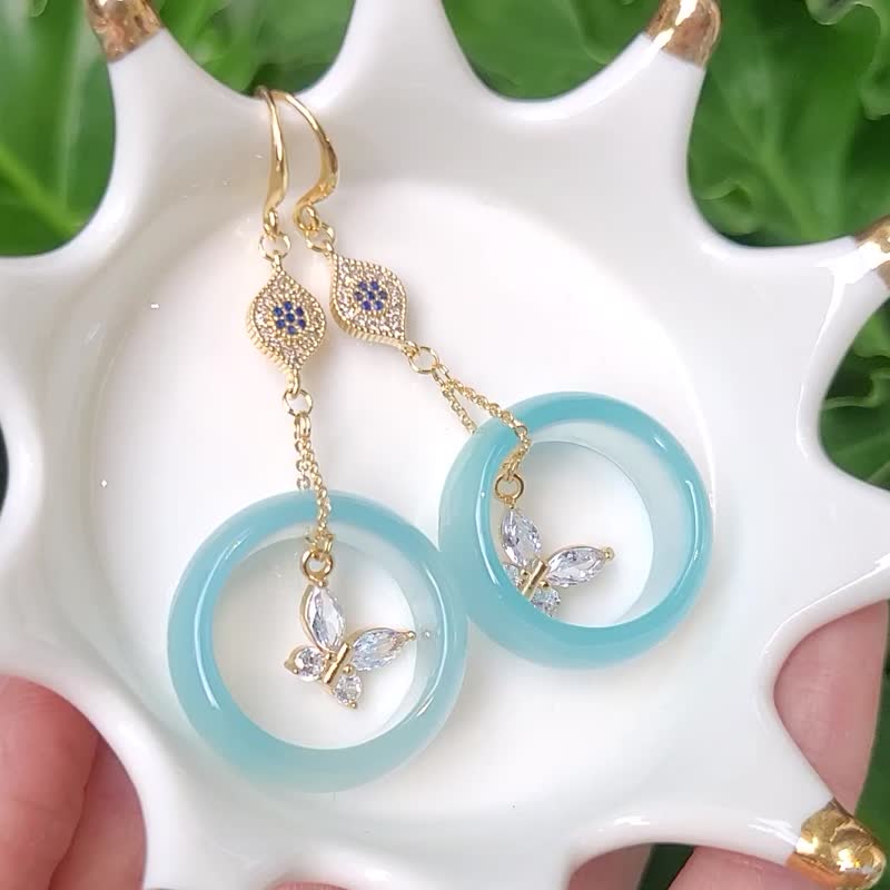天然 藍玉瓍 瑪瑙 台灣藍寶 戒環 扳指 蝴蝶 福氣 智慧 耳環 單品 - 耳環/耳夾 - 寶石 藍色