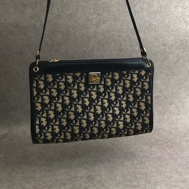 【 日本直送　名牌中古包 】Christian Dior クリスチャン ディオール トロッター ショルダーバッグ ネイビー ロゴ ジャガード s463xx - 側背包/斜背包 - 棉．麻 藍色