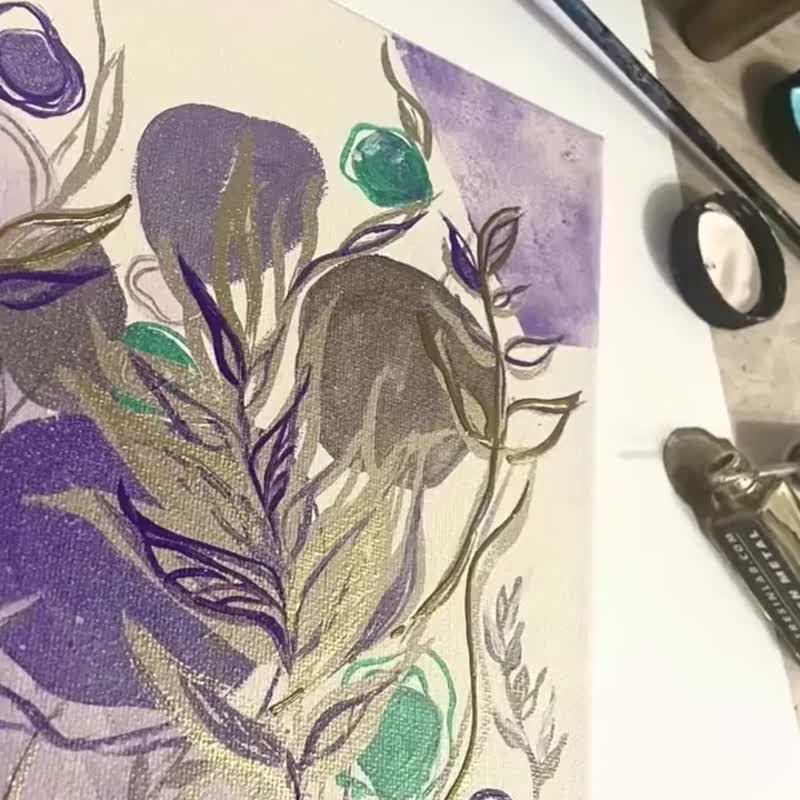 Boho Flowers Art Minimalist Beige Painting Abstract Decor Calming Acrylic Art - 牆貼/牆身裝飾 - 壓克力 紫色
