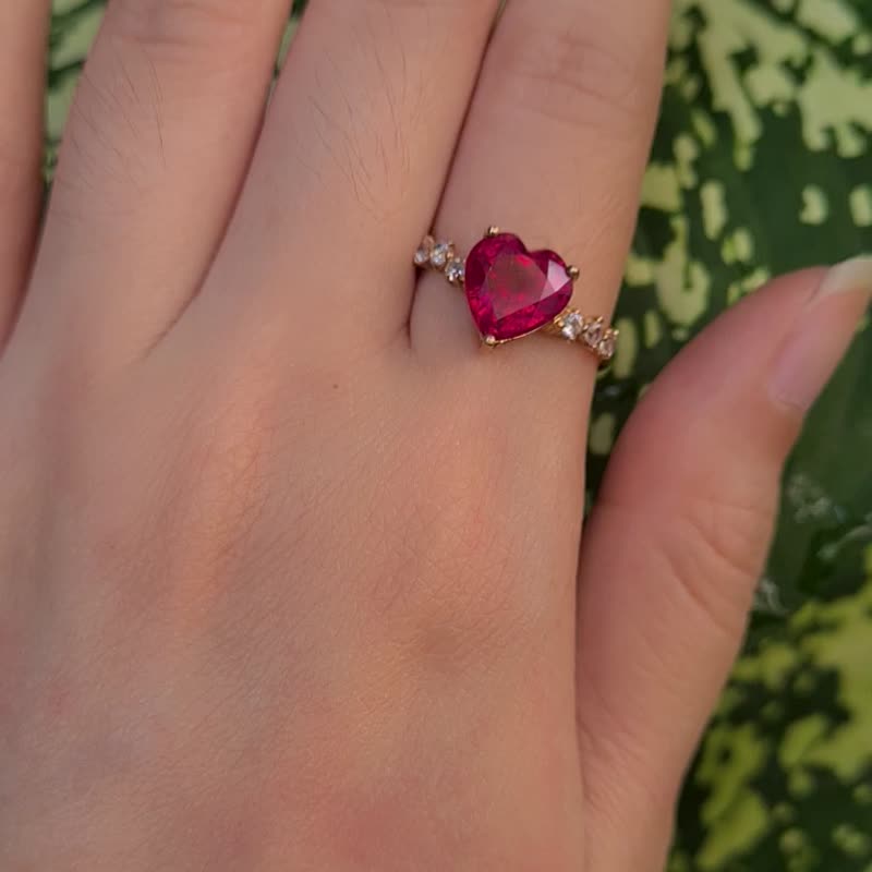 Natural heart shaped ruby with white topaz rose gold-plated silver ring - General Rings - Gemstone Red