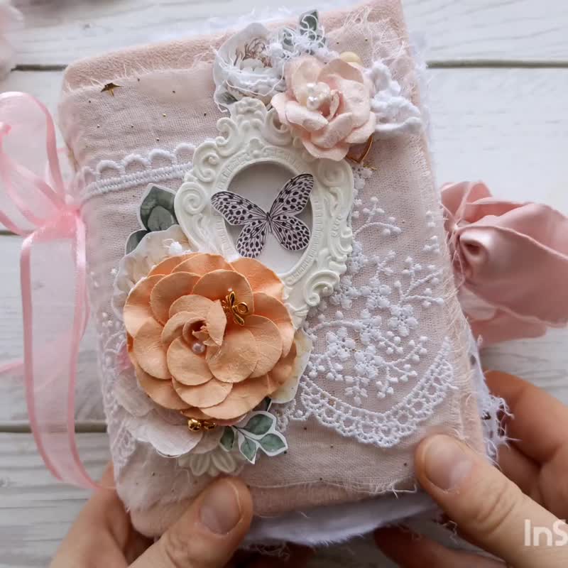 Peach rose junk journal handmade blank Lace floral dairy Woman elegant notebook - สมุดบันทึก/สมุดปฏิทิน - กระดาษ สึชมพู