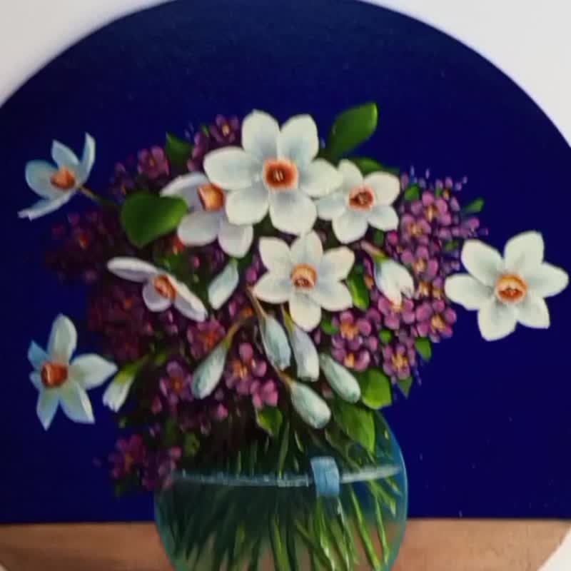 Painting with Flower. Bouquet with Daffodils. 30 x 30 cm oil. canvas on cardboar - Posters - Other Materials Blue