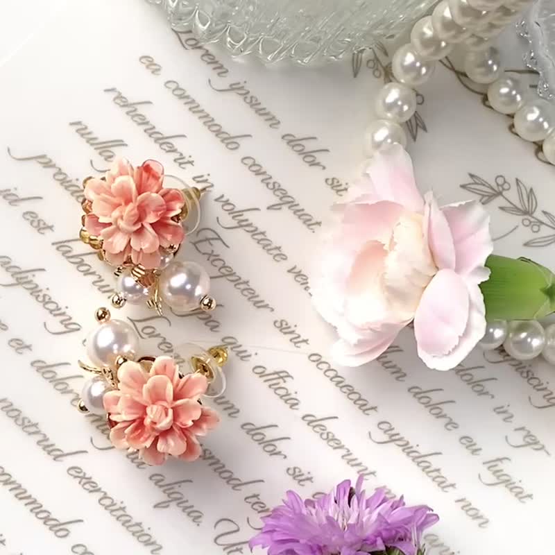 Floral and Pearl Earrings - Earrings & Clip-ons - Resin Orange