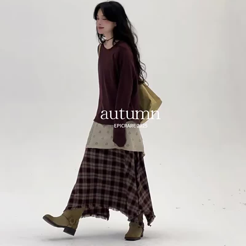2顔色 不規則格子毛邊長裙 復古格紋半身裙 S-L - 裙子/長裙 - 其他人造纖維 紅色