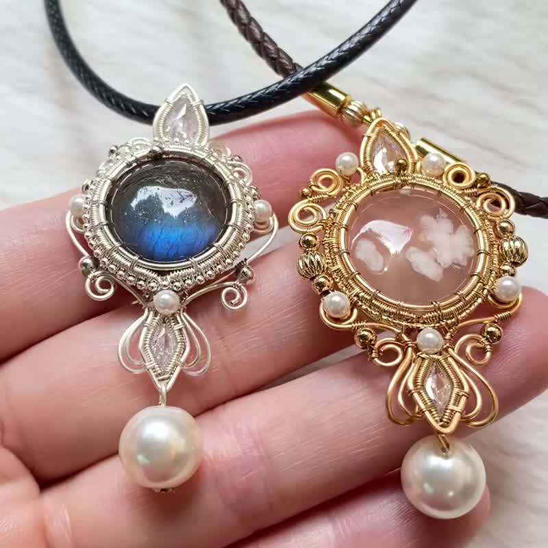 | MC | Color-preserving Bronze labradorite Stone blossom agate pearl Stone necklace hand-woven wire wrap - Necklaces - Gemstone Orange