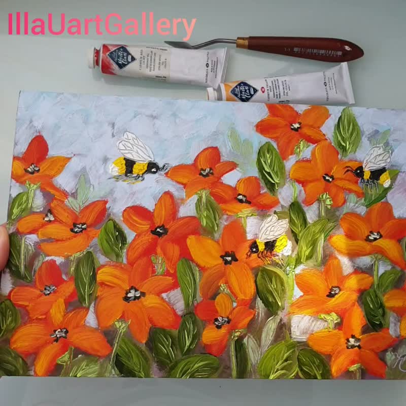 Bee Painting Poppy Original Art Floral Wall Art Flower Oil Painting - 海報/掛畫/掛布 - 其他材質 多色