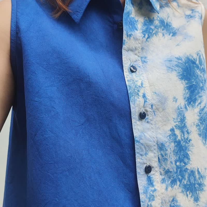 Jinda Sleeveless A - 靛藍色無袖襯衫領上衣 - 女上衣/長袖上衣 - 棉．麻 藍色