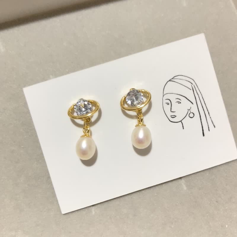 Saturn - Freshwater Pearl and CZ stone sterling silver Ear Studs - ต่างหู - เงินแท้ สีทอง